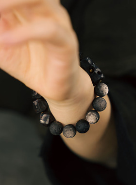 曲尾花原创手工木质黑曜石手串