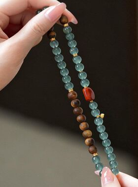 梵屿 天然沉香蓝水冰种翡翠双圈手串女南红玉石沉香手链首饰