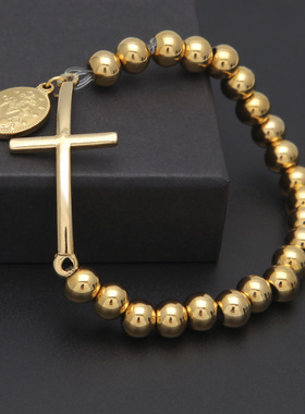 欧美新款不锈钢电镀嘻哈饰品批发串珠十字手链潮男HipHopBracelet