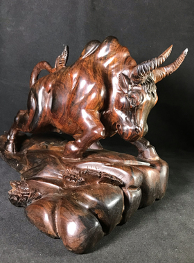 老挝大红酸枝木雕斗牛摆件实木雕刻工艺品客厅玄关办公室开业摆件