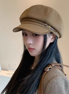 日系复古文艺风黑色鸭舌贝雷帽女