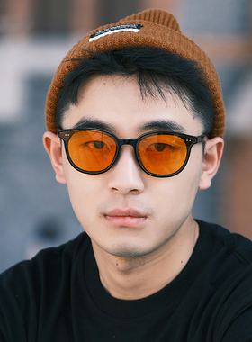33家落日黄茶色墨镜男ins风椭圆