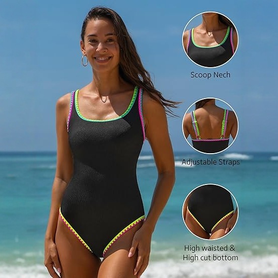 女士 2026新款款连体泳衣霓虹色显瘦连体泳衣性感运动沙滩装 - 图2