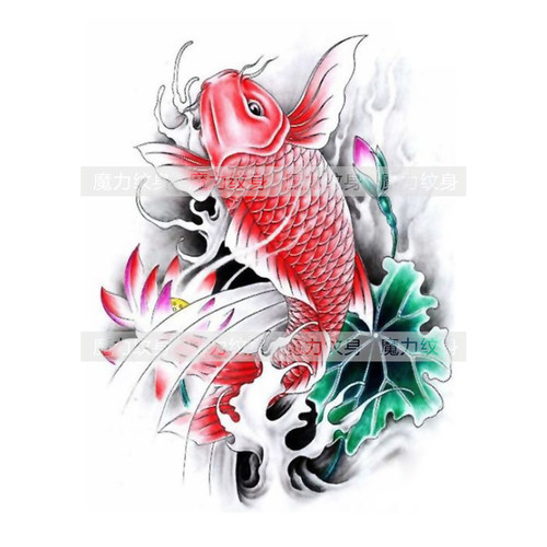魔力纹身贴防水男女彩色大红荷花鲤鱼花臂手臂大腿刺青持久逼真 - 图3