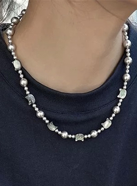 明星同款~FELIX麻灰珍珠项链女轻奢高级感贝母猫咪锁骨毛衣链