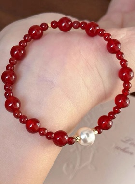 红玛瑙施家高亮珍珠秋冬手链 圣诞新年红色手串
