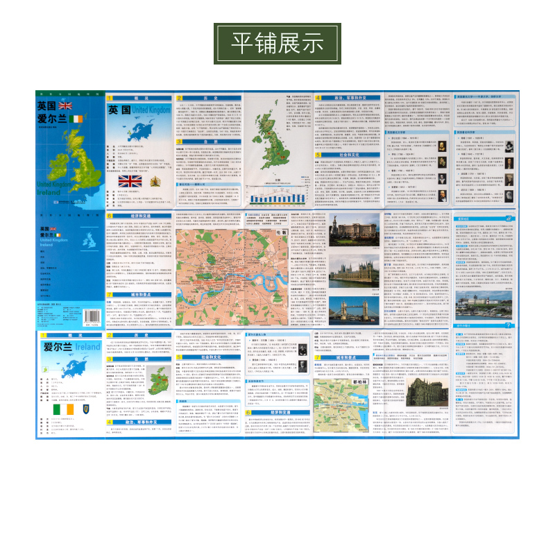 【新版】世界分国地理图 英国 爱尔兰 政区图 地理概况 人文历史 城市景点 约84*60cm 双面覆膜防水 折叠便携袋装 星球地图