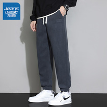 Real Vis Shake Grain Suede Pants Mens Autumn Winter Plus Suede Thickened Casual Pants Men Loose Toe Sport Sweatpants