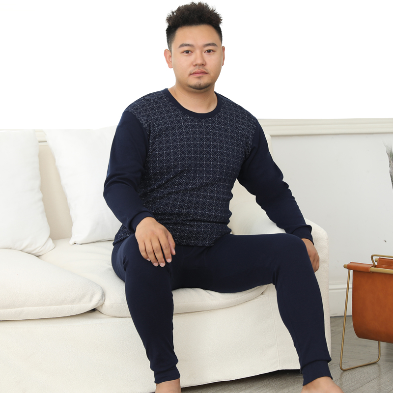 猫人男方格印花套装大码纯棉秋衣秋裤加肥中老年秋冬防寒打底内衣