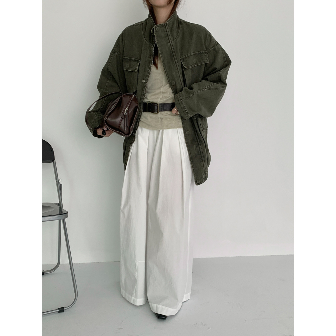 纯棉重磅工装夹克外套女25秋季男友风复古军绿中长款上衣 - 图1