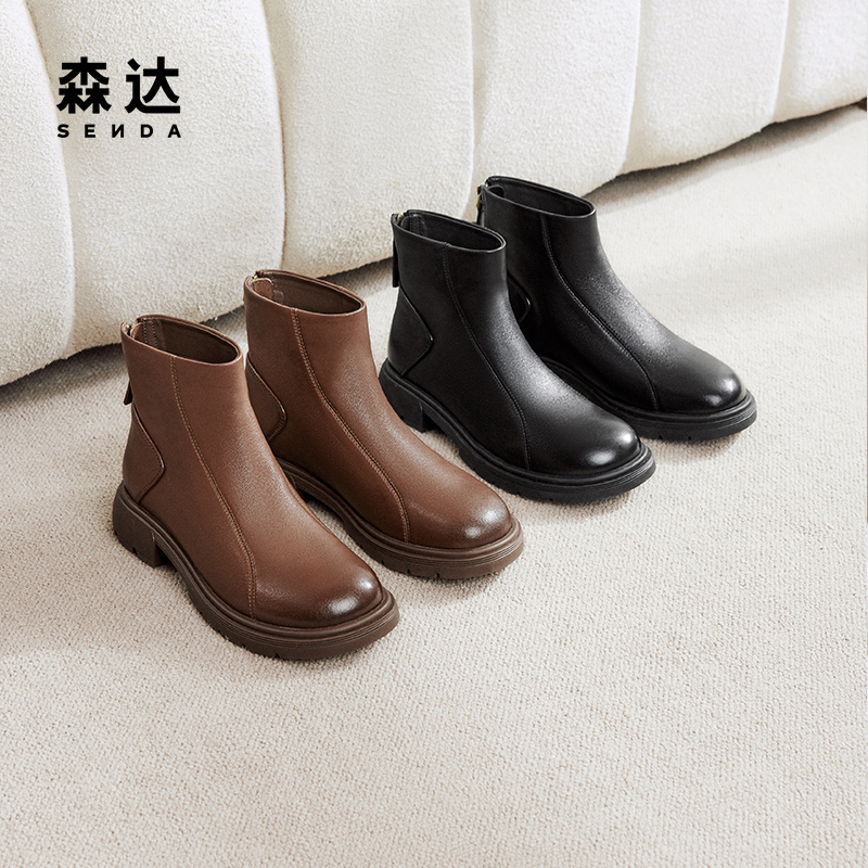 森达弹力靴女靴冬季新款羊皮复古超软休闲时装加绒短靴ZTE01