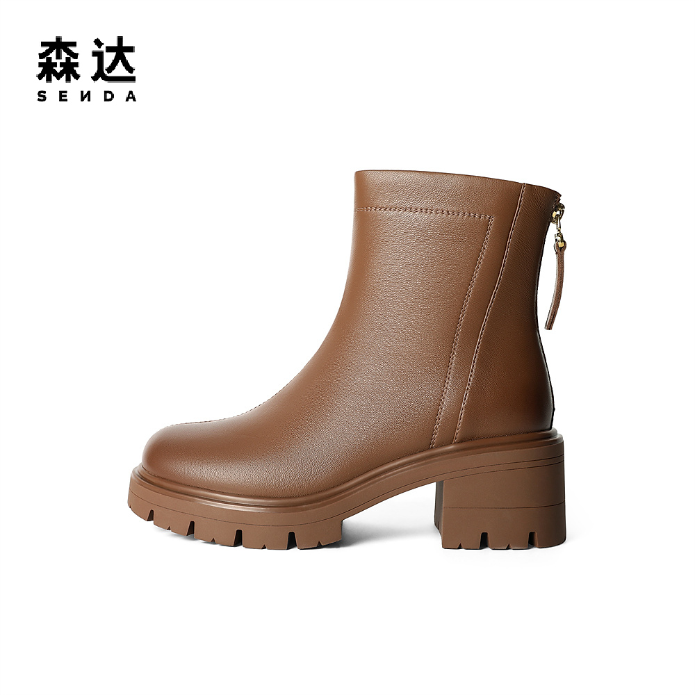 森达时装靴女鞋冬季新款加绒显瘦超软粗高跟增高短靴ZTE55DD4