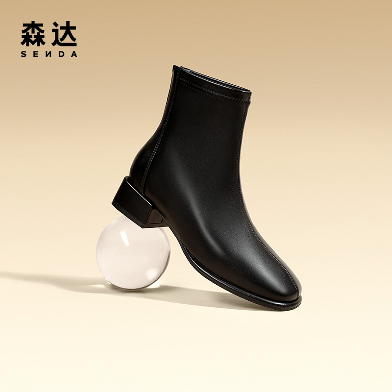 森达弹力靴女冬季显瘦女靴加绒加厚增高粗跟瘦瘦短靴ZTD12DD3