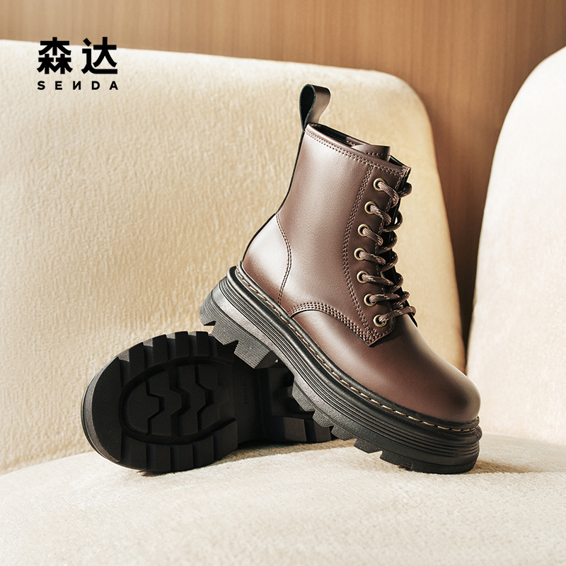 森达马丁靴女年冬季新款机车风增高厚底复古休闲短靴ZTE36DD4