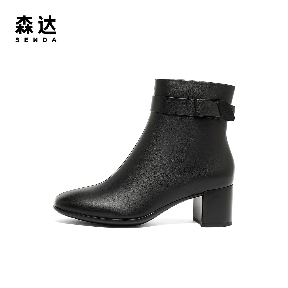 森达短靴女冬季商场同款真皮加绒粗跟时尚显高休闲靴子4XM46DD3 - 图0