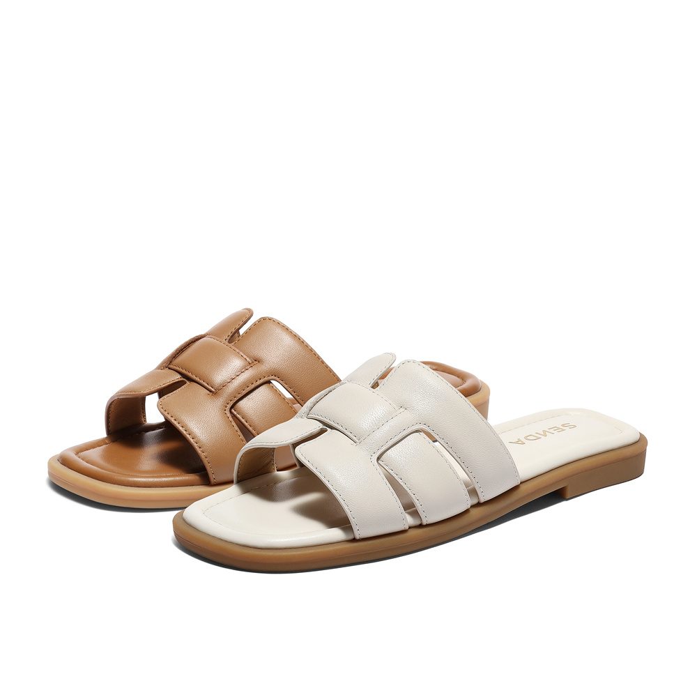 森达一字凉拖鞋女款2025夏新柔软羊皮平底休闲罗马凉鞋ZTG26BT5