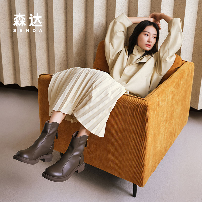 森达弹力靴女靴年冬季商场同款超软显瘦休闲加绒短靴XEH01DD4