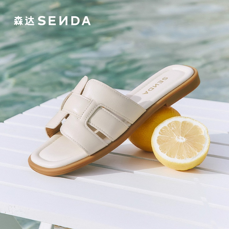 森达一字凉拖鞋女款2025夏新柔软羊皮平底休闲罗马凉鞋ZTG26BT5