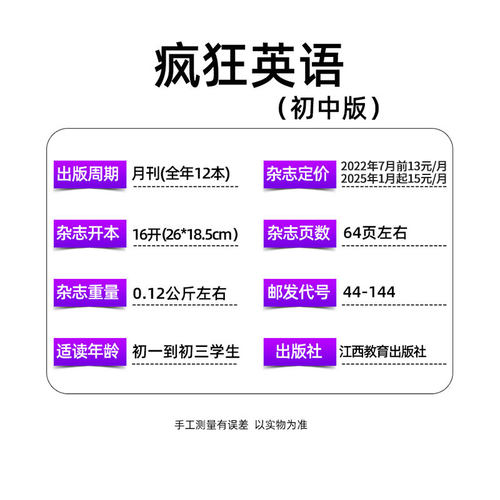 疯狂英语初中版杂志2025年12月/2024年1-12月打包（含全年/半年订阅等）初中天地中学生英语街角双语阅读学习过期刊 - 图1