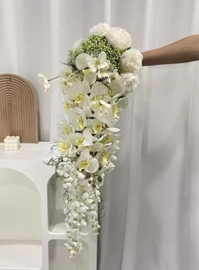 法式民国高级复古婚礼白色仿真花瀑布手捧花新娘领证结婚花束道具