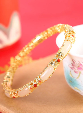 新中式国朝唐草纹镀金镂空手镯女款古风手环古典民族风饰品送妈妈