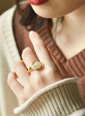 中国民族风玉兔戒指女款镀银小白兔开口食指指环生日礼物国风饰品