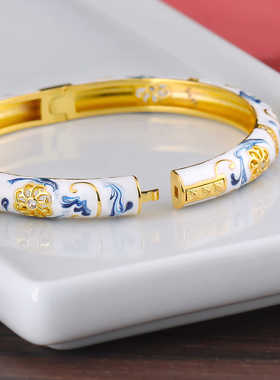 小红书同款宫廷景泰蓝青花瓷手镯女新中式高级掐丝珐琅开口手环款