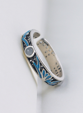 925银复古民族风蓝花戒指女小众设计感高级食指戒开口可调节指环