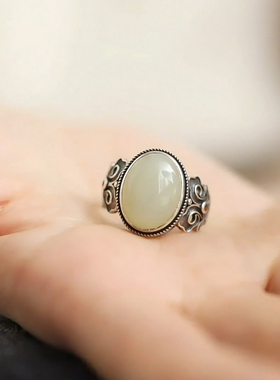 S925银天然和田白玉蛋面个性如意祥云古典设计感开口戒指调节简约