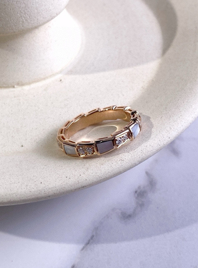 Bvlgari宝格丽48号玫瑰金窄版镶钻白贝母蛇骨戒指 正品保真