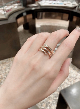 Bvlgari 宝格丽S号玫瑰金窄版头尾钻三环蛇头戒指 正品保真