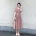 2019 phụ nữ mới mùa hè eo cao eo dài váy hồng nữ thắt lưng ngắn tay áo xếp li - váy đầm
