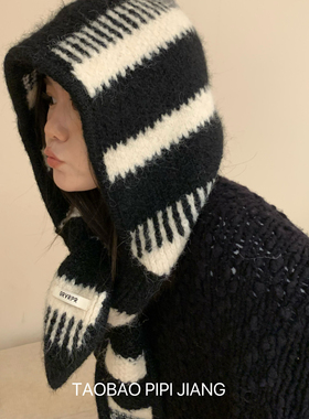 ins韩国巴拉克拉法帽女秋冬条纹保暖围巾帽子一体羊毛针织毛线帽