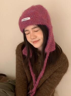 显白的梅子色羊毛针织帽子女秋冬韩版复古系带护耳保暖甜美飞行帽