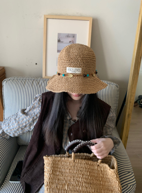 韩版草编大檐草帽女夏季蝴蝶结彩珠文艺慵懒感海边度假遮阳渔夫帽