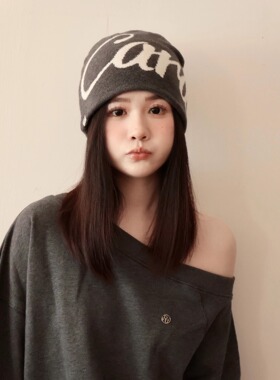 超洋气～美式复古针织帽子女秋冬高品质刺绣双层护耳大头套头冷帽