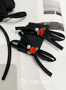 【现】tver韩国进口红玫瑰黑蝴蝶结发圈 发夹鬼马小众设计个性