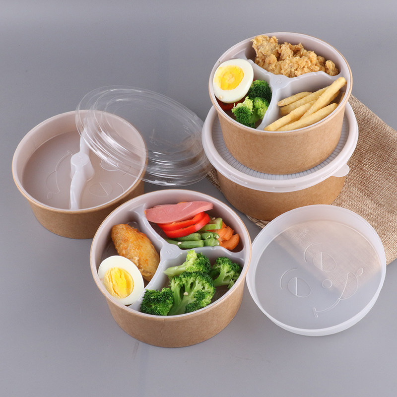 一次性打包盒双层餐盒饭盒沙拉盒便当盒外卖牛皮纸圆形外卖纸餐盒_虎窝淘