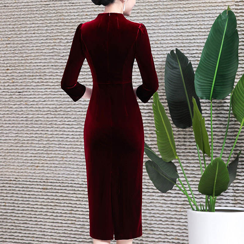 母亲婚宴礼服中长款妈妈参加婚礼服春季V领喜婆婆连衣裙气质高端