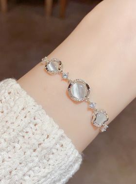 欧美镶钻锆石猫眼圆形手链可调节抽拉式轻奢高端小众级设计感精致