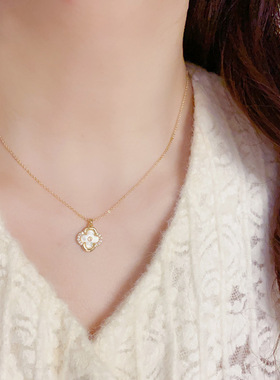 欧美复古贝母镶钻锆石四叶草花朵项链轻奢高端小众级设计感锁骨颈