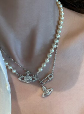 欧美复古娜娜款别针土星珍珠项链轻奢高端小众级设计感百搭锁骨颈