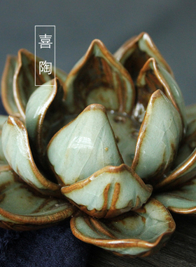 手工香插妙莲粗陶瓷器荷花复古