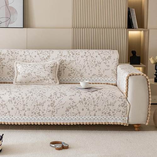 中式古典凌寒暗香沙发垫奶杏色雪尼尔四季款坐垫氛围感沙发巾定制 - 图3