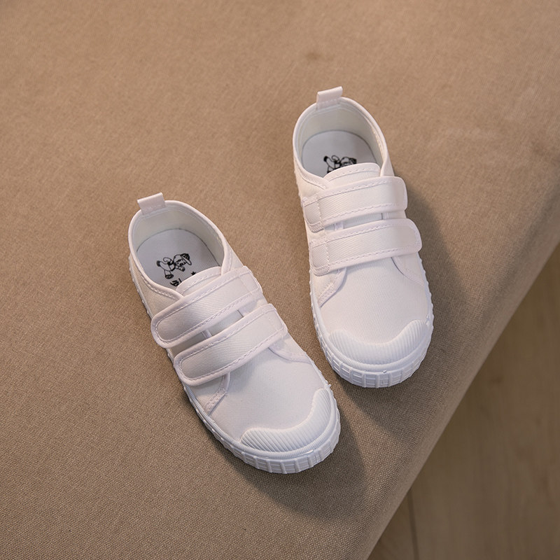 儿童小白鞋女童学生纯帆布鞋童鞋幼儿园白布鞋男童绑带软底白球鞋