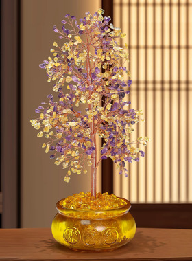 天然黄水晶碎石发财树招财摇钱树摆件家居客厅办公室开业高档礼物