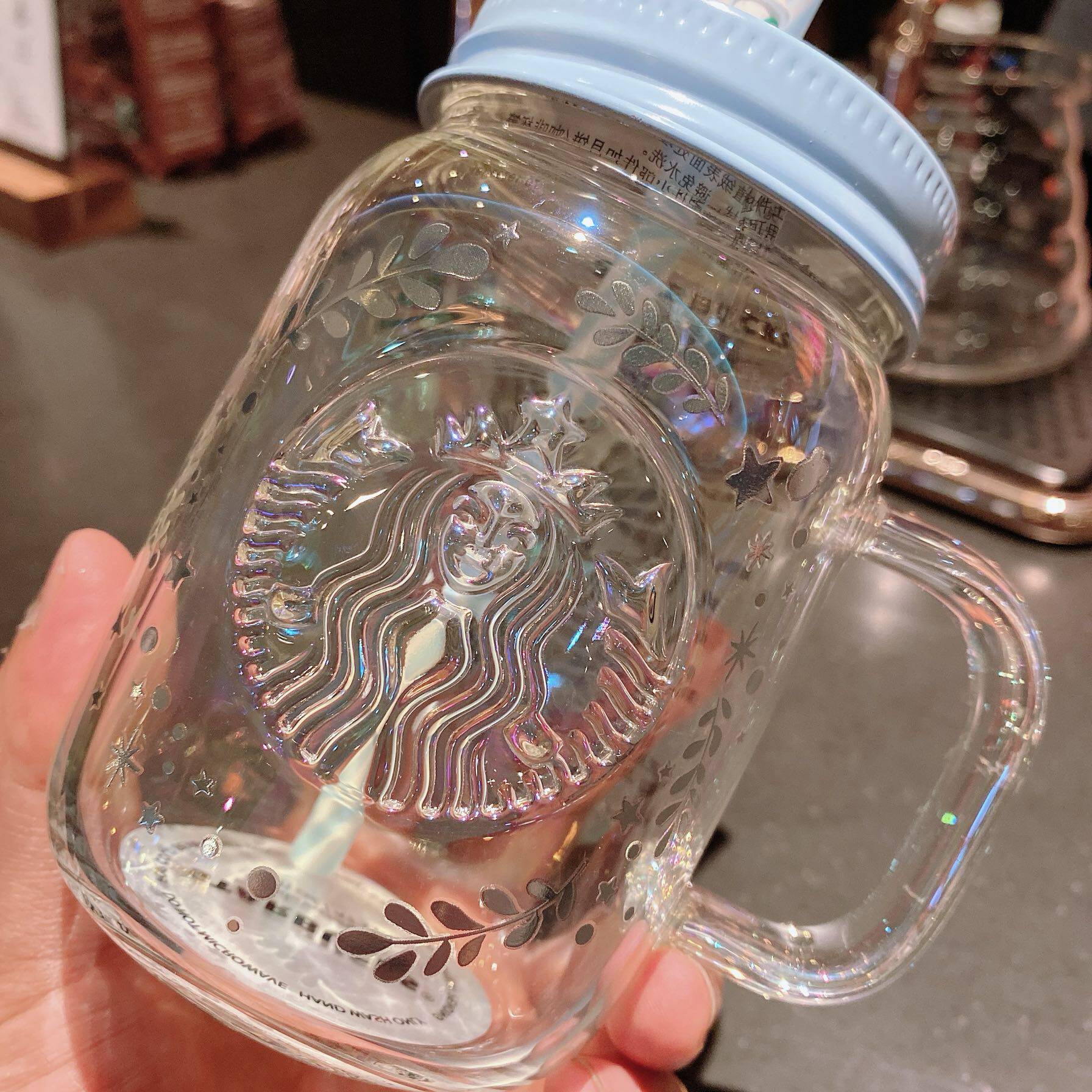 星巴克杯子20中秋杯梅森玻璃杯淡蓝色月夜瓶萌兔吸管杯600ml
