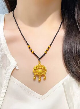 新款24K黄金平安锁项链女款仿金包银如意长命锁吊坠送老婆送女友