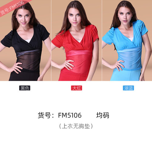 飞魅肚皮舞牛奶丝V领薄纱上衣性感短袖舞蹈练功练习服服装上衣女 - 图2