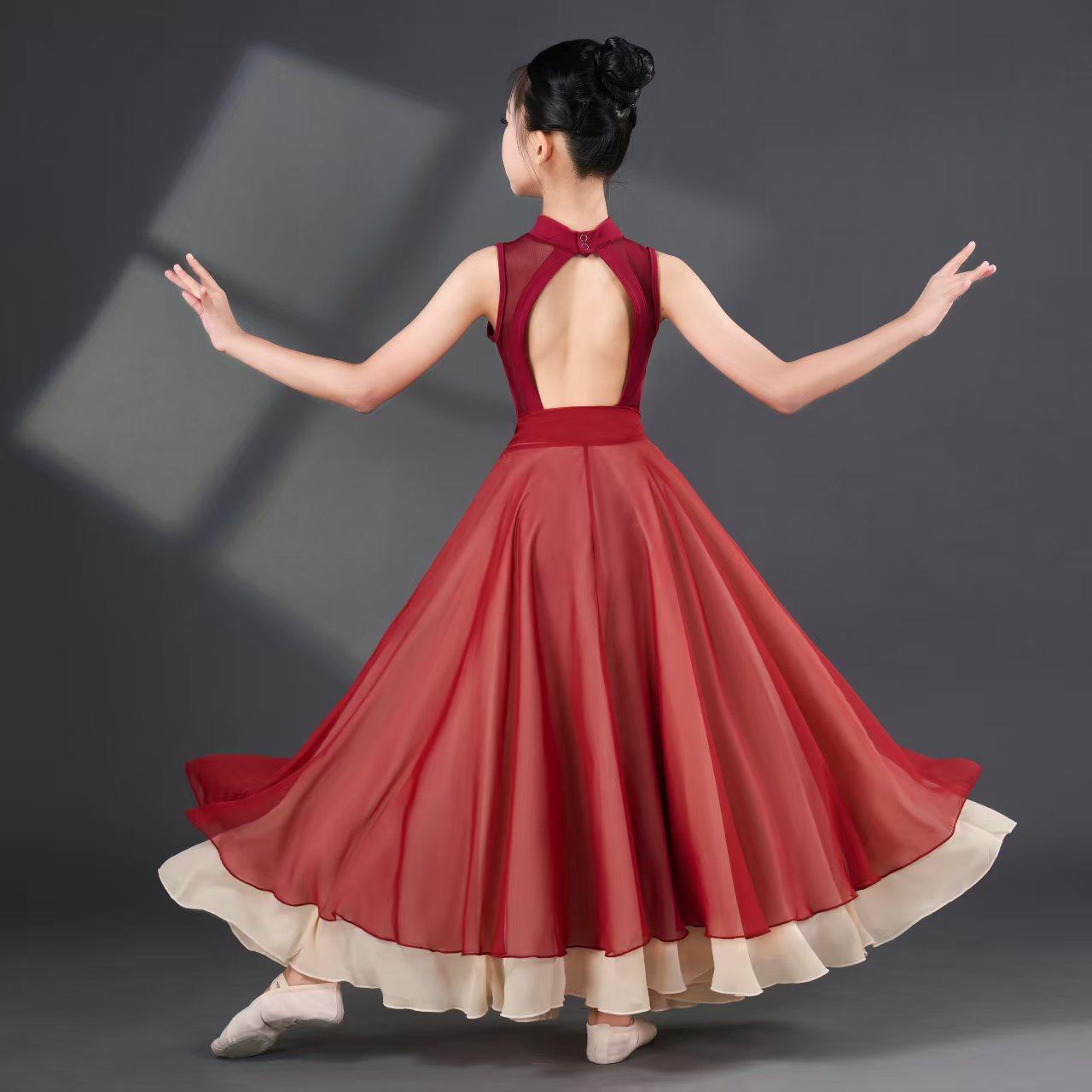 光亮同款儿童古典舞蹈服红色飘逸双层大摆裙艺考比赛演出服扇子舞,淘宝优惠券,粉丝福利购,淘宝优惠卷